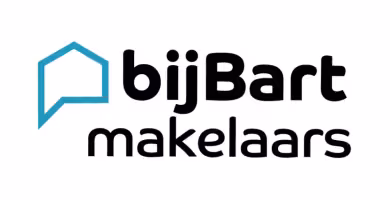 Logo bijBart Makelaars met blauw huis symbool en tekst voor makelaarsbedrijf in Vriezenveen leef twente