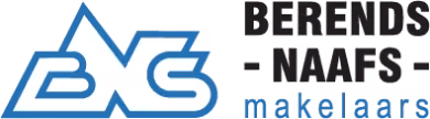 Logo met gestileerde blauwe 'B' en 'N' links en tekst rechts 'Berends - Naafs makelaars' in zwart en blauw