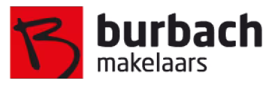Logo Burbach Makelaars met een grote zwarte B op rode achtergrond en naam burbach makelaars benadrukt in modern lettertype