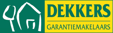 Logo van Dekkers Garantiemakelaars met groene vork en huis, gele achtergrond met bedrijfsnaam en specialisme
