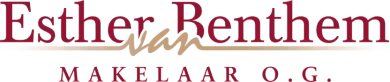 Logo Esther Benthem van makelaar o.g. met rood en bruin, benadrukt naam en beroep makelaar onroerend goed