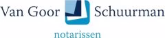 Logo vangoor schuurman notarissen met blauw-wit grafisch element tussen namen, website www.vangoorschuurman.nl
