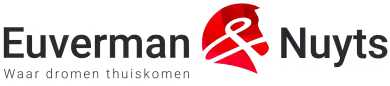 Logo Euverman Nuyts Makelaars Enschede met rode halve cirkel en witte pijl en slogan Waar dromen thuiskomen leef twente