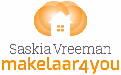 Logo saskia vreeman makelaar4you met huis en oranje cirkels makelaar4you welkom leef twente