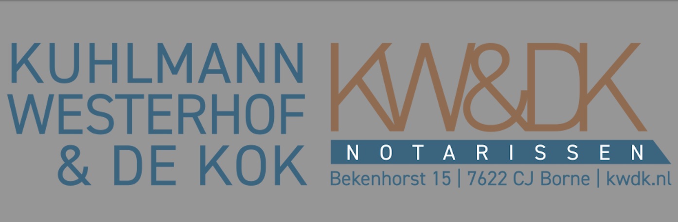 Logo van notariskantoor Kuhlmann Westerhof & de Kok met tekst KW & DK notarissen en adres Bekenhorst 15 7622 CJ Borne