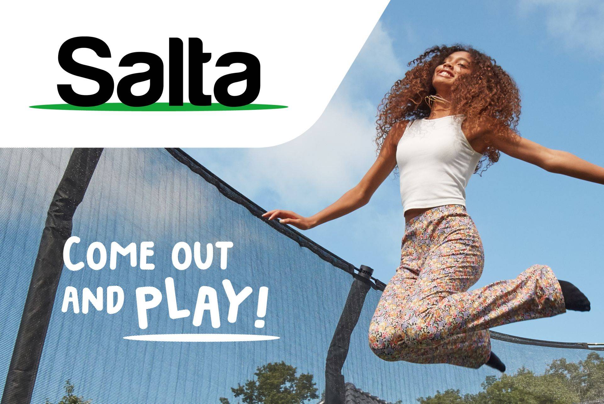 Salta logo en tekst Come out and play! afbeelding van springende figuur op trampoline onder blauwe lucht