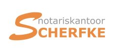 Logo notariskantoor SCHERFKE met grote oranje S in cursief, professioneel notarispraktijk logo bij Leef Twente