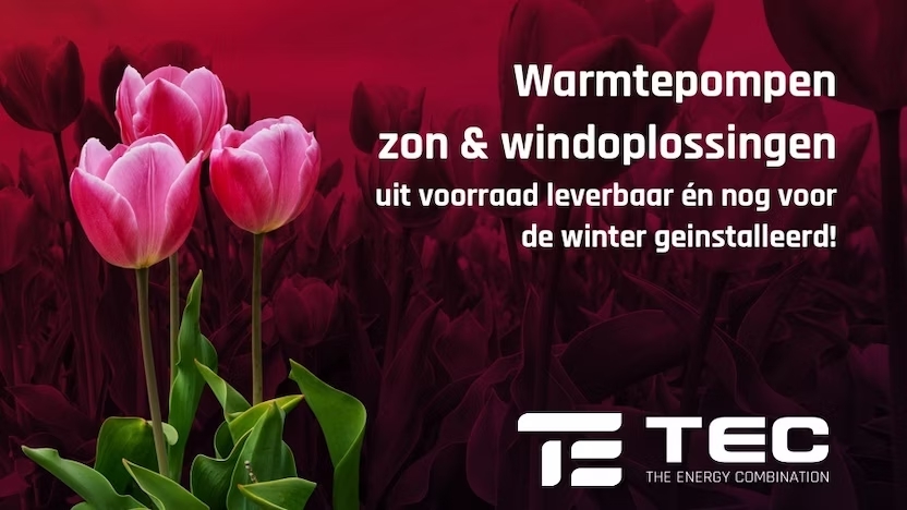 Digitale advertentie TEC met tekst warmtepompen zon en windoplossingen uit voorraad leverbaar voor de winter geïnstalleerd en roze tulpen