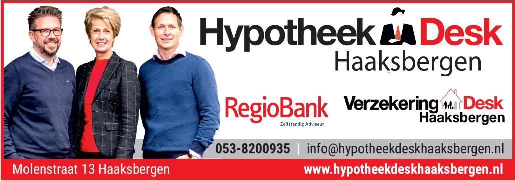 Reclamebanner Hypotheek Desk Haaksbergen met namen RegioBank, Verzekering Desk Haaksbergen, adres Molenstraat 13, telefoon 053-8200935, website hypotheekdeskhaaksbergen.nl, passend bij Hypotheekdesk info