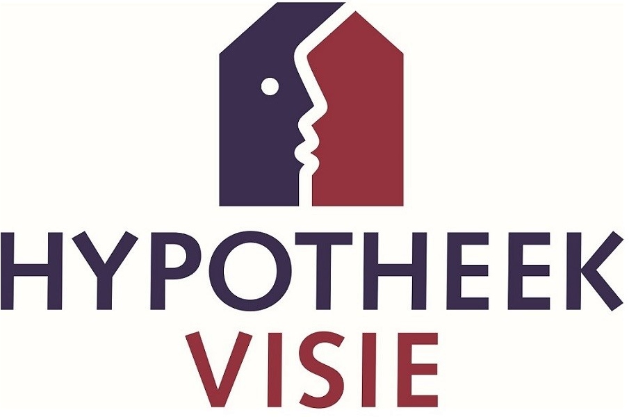 Logo met blauw-rood gezicht en huis silhouet, tekst HYPOTHEEK VISIE op gele achtergrond, thema Hypotheekvisie