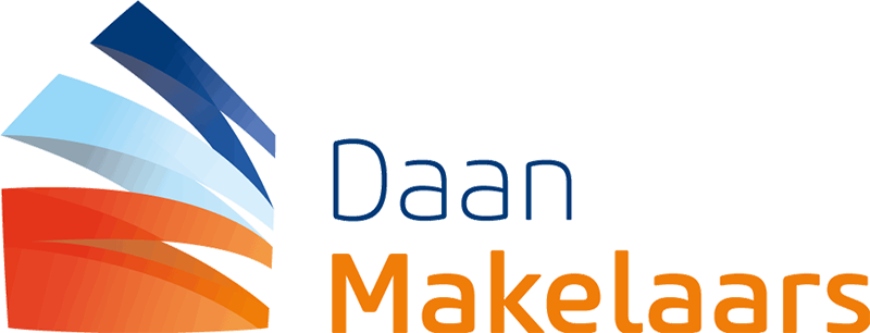Logo daan makelaars met kleurige abstracte lagen in blauw en oranje bij titel daan makelaars b.v.