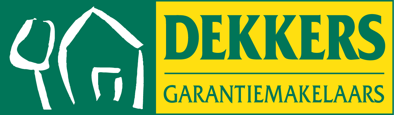 Logo van Dekkers Garantiemakelaars met groene vork en huis, gele achtergrond met bedrijfsnaam en specialisme