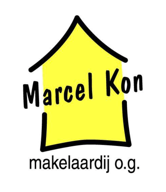 Logo marcel kon makelaardij met gele huisvorm en tekst makelaardij o.g. op witte achtergrond bij hn2 marcel kon makelaardij