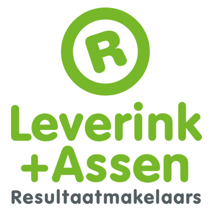 Logo met grote groene letter R in cirkel, tekst Leverink + Assen in ronde groene letters en Resultaatmakelaars eronder, zakelijke uitstraling