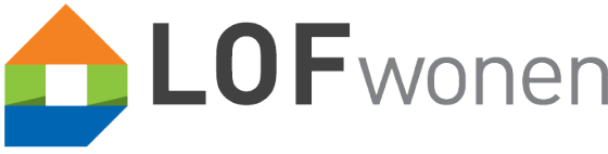 Logo van LOF wonen met huisvormig symbool in oranje, groen en blauw naast tekst LOF wonen, thema Leef Twente