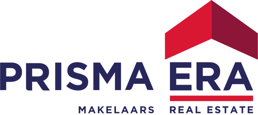 Logo prisma era makelaars met driehoekig dak rood verloop en tekst real estate, vastgoedmakelaardij prisma era makelaars enschede