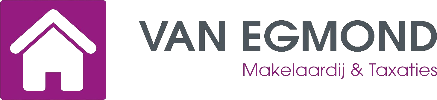 Logo van egmond makelaardij & taxaties met wit huis icoon op paarse achtergrond, donkergrijze en paarse tekst leef twente
