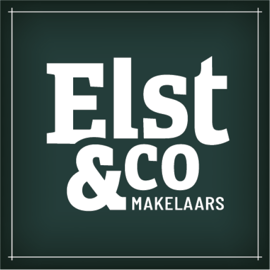 Logo Elst & co makelaars in vet wit op donkere achtergrond met omlijning in vierkant - Elst&co Makelaars