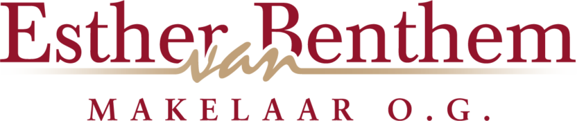 Logo Esther Benthem van makelaar o.g. met rood en bruin, benadrukt naam en beroep makelaar onroerend goed