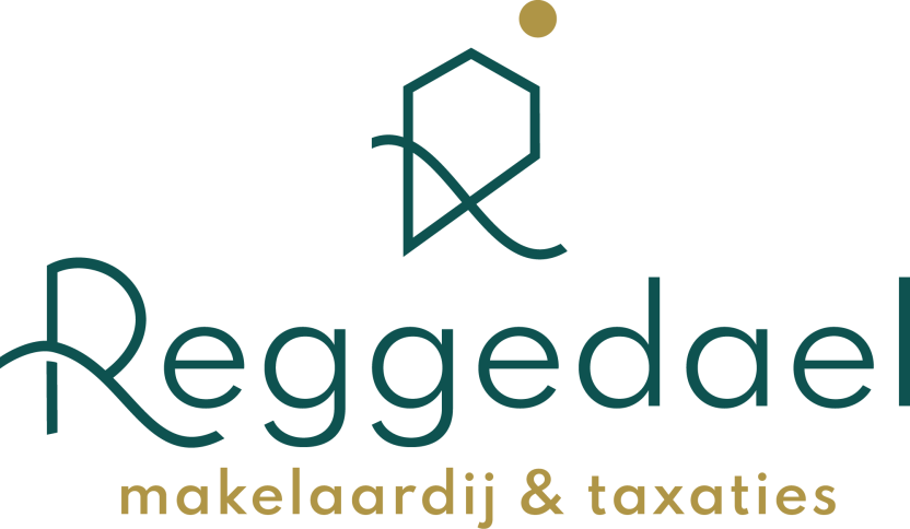 Logo van Reggedael makelaardij & taxaties met gestileerde R en grafisch symbool, professionele uitstraling, Leef Twente