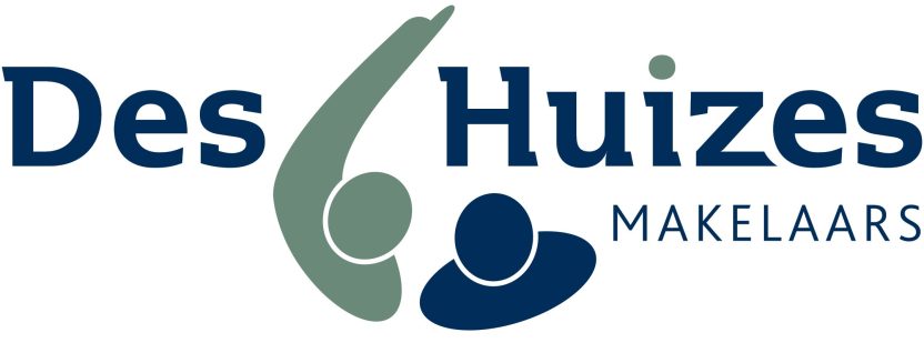 Des huizes makelaars logo met gestileerd cijfer 6 tussen tekst des en huizes in blauw en groen