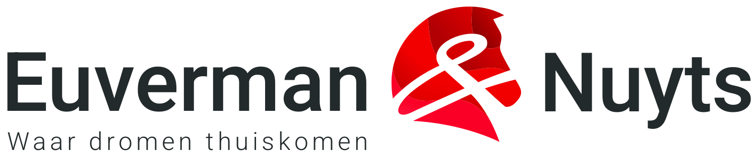 Logo euverman & nuyts met rode halve cirkel en slogan waar dromen thuiskomen euverman & nuyts makelaars born