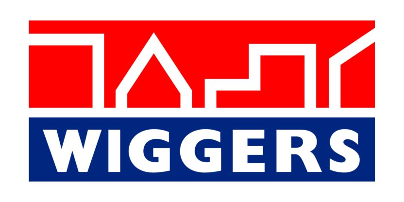 Logo Wiggers met witte skyline op rode achtergrond en naam WIGGERS in hoofdletters op blauwe achtergrond bij Wiggers Makelaars