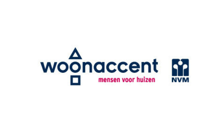 Logo woonaccent met slogan mensen voor huizen, twee symbolen links driehoek boven vierkant, rechts NVM pictogram, woonaccent makelaars enschede